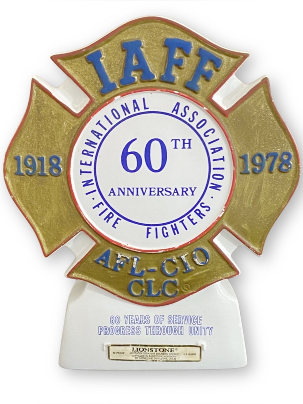 Vintage 1978 Lionstone Whiskey IAFF 60th Anniversary Porcelain Decanter Bottle